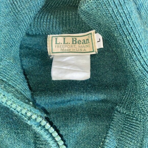 Vintage LL Bean Mens Wool Sweater Elbow Shoulder Patches Green 1/4 Zip Sz L USA - Picture 9 of 10